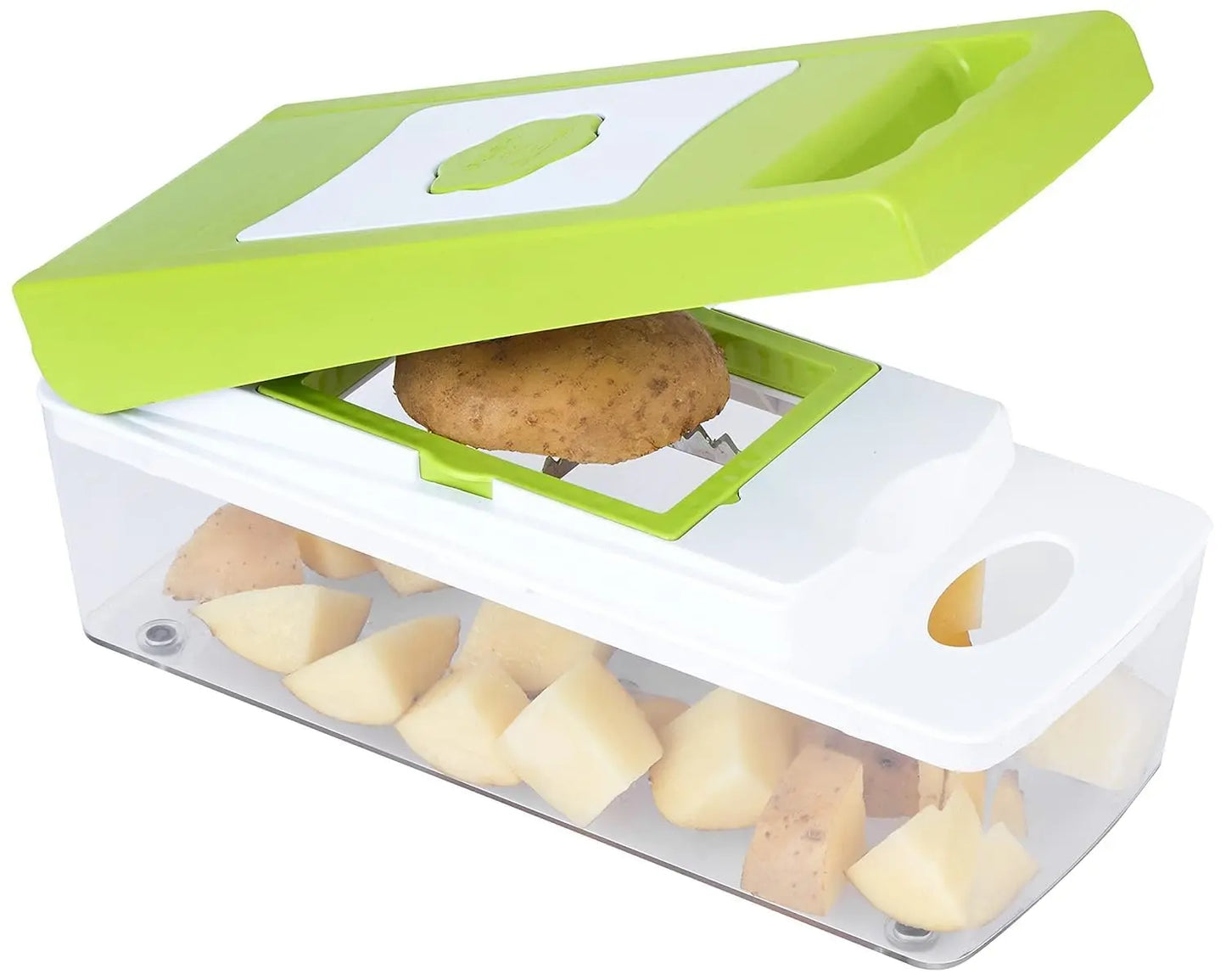 TrendoShop Multipurpose Kitchen Chopper, Vegetable Fruit Cutter with Unbreakable Container, Push-to-Clean Feature, Food Grade Plastic Grater Slicer Dicer Set, Green