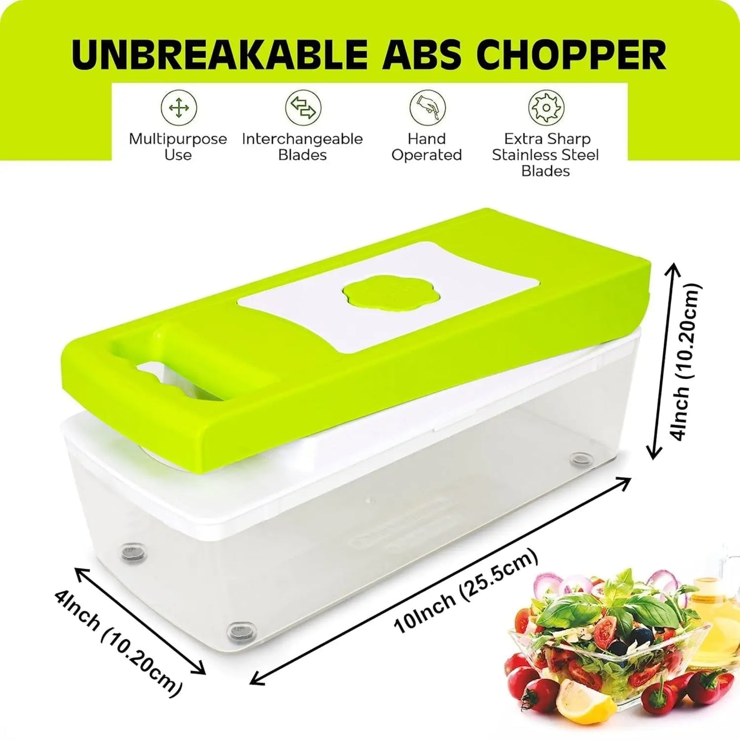 TrendoShop Multipurpose Kitchen Chopper, Vegetable Fruit Cutter with Unbreakable Container, Push-to-Clean Feature, Food Grade Plastic Grater Slicer Dicer Set, Green