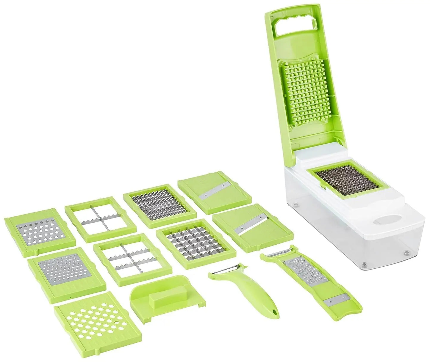 TrendoShop Multipurpose Kitchen Chopper, Vegetable Fruit Cutter with Unbreakable Container, Push-to-Clean Feature, Food Grade Plastic Grater Slicer Dicer Set, Green