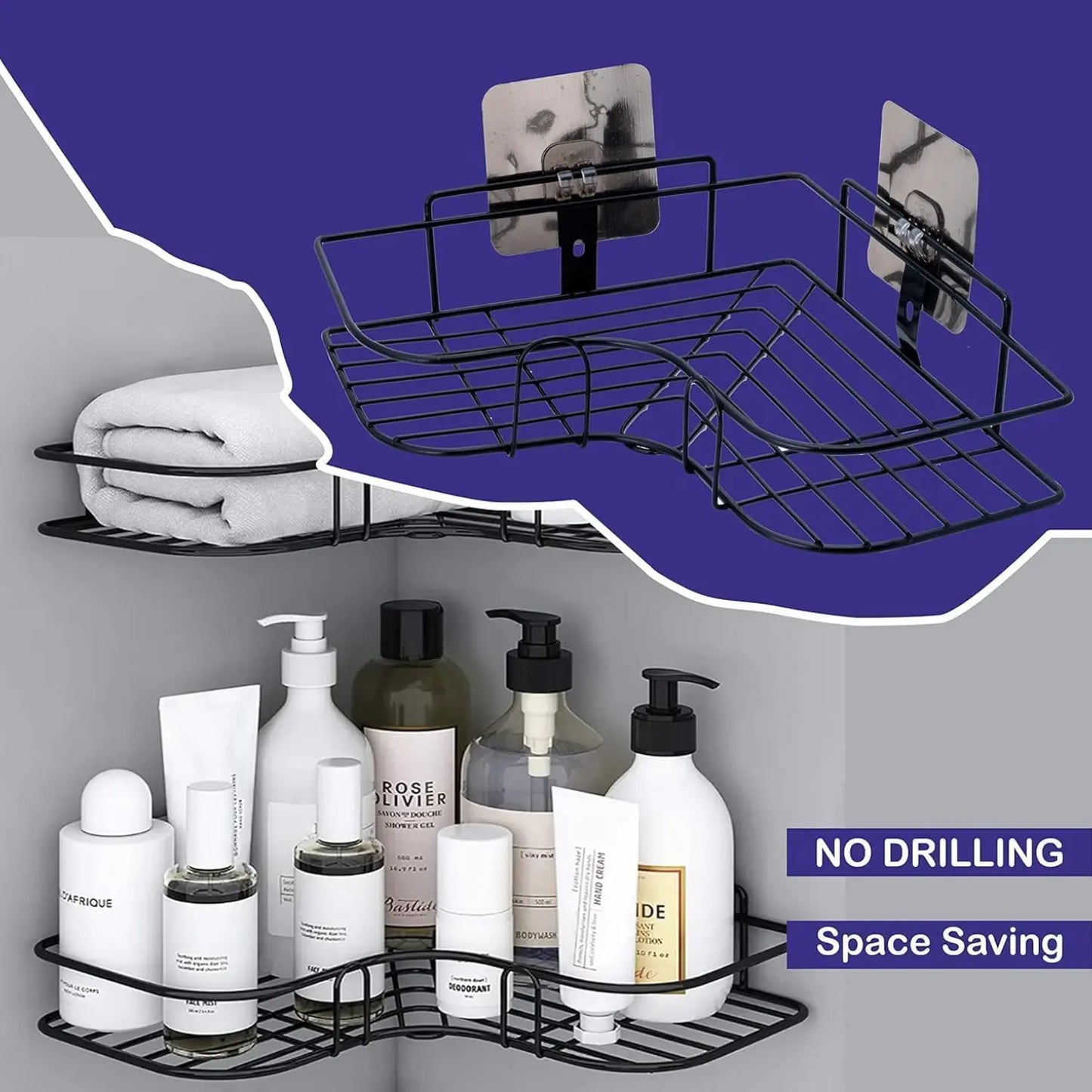 TrendoShop Corner Bathroom Shelf Iron Wall Mounted Storage Rack Matte Black Anti Rust No Drill Bathroom Kitchen Organizer Heavy Duty