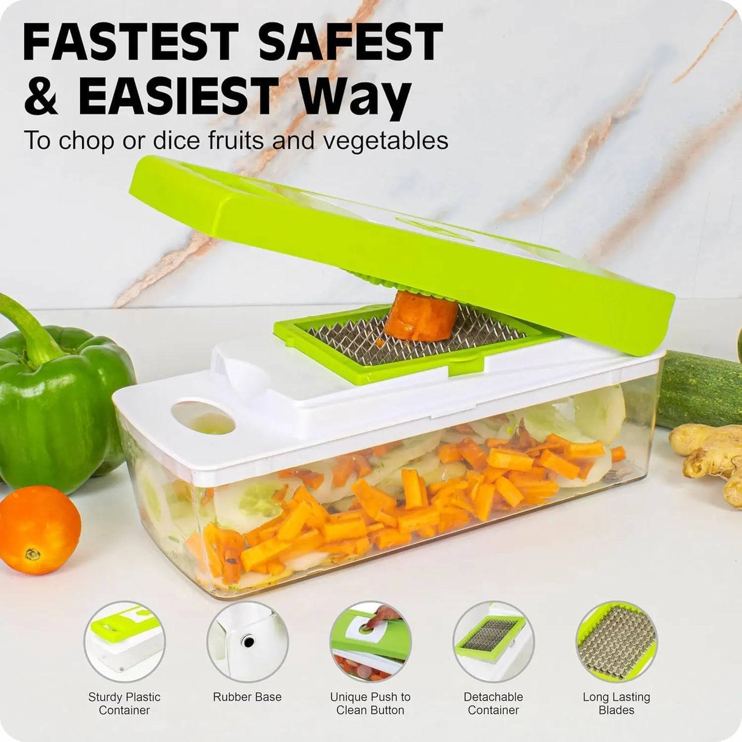 TrendoShop Multipurpose Kitchen Chopper, Vegetable Fruit Cutter with Unbreakable Container, Push-to-Clean Feature, Food Grade Plastic Grater Slicer Dicer Set, Green