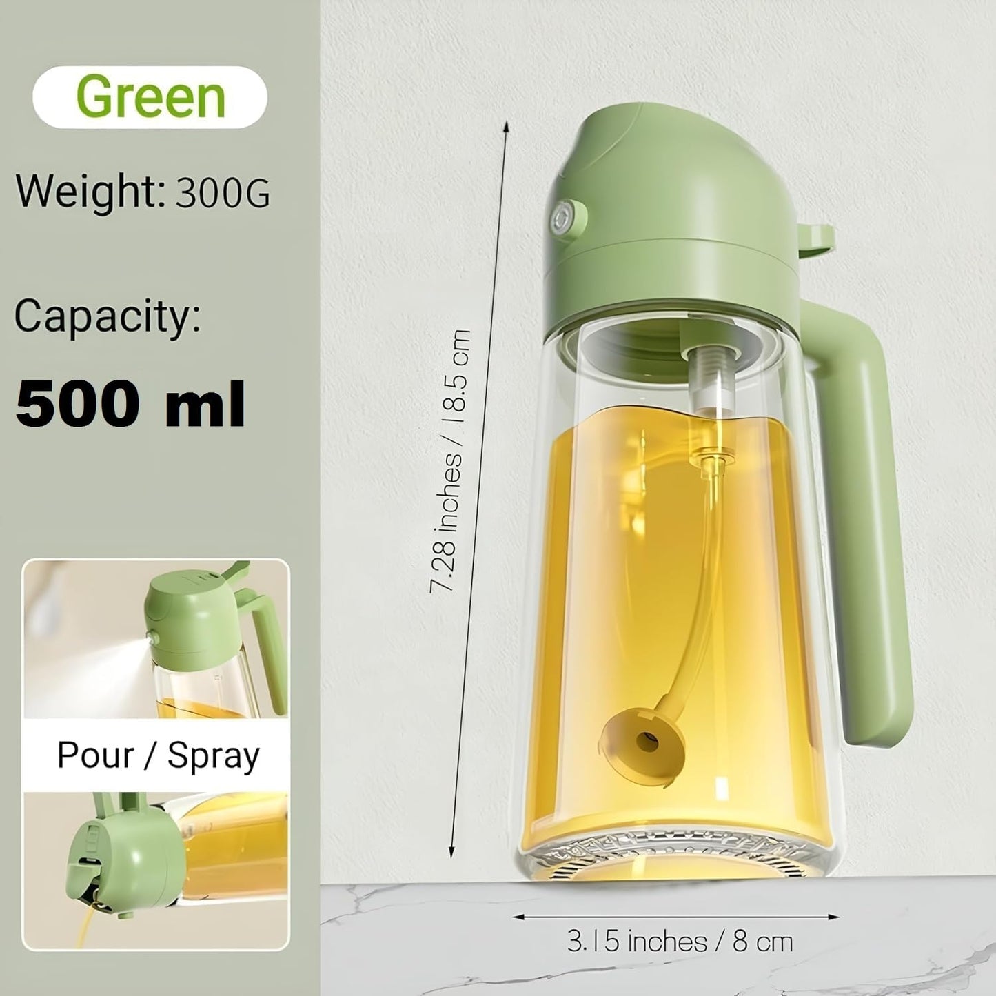 Glass Oil Sprayer and Dispenser Bottle 500ml Capacity 2-in-1 Design