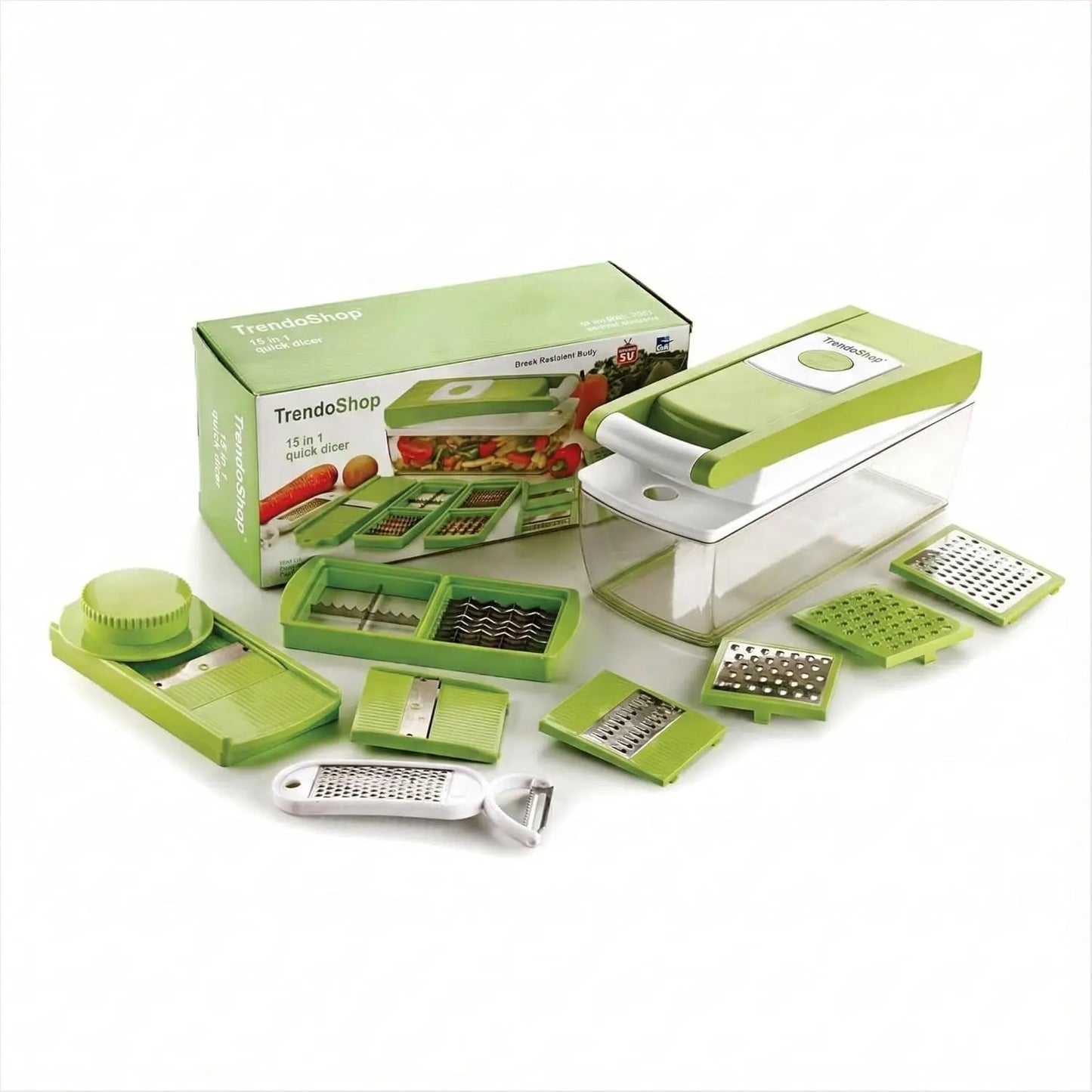 TrendoShop Multipurpose Kitchen Chopper, Vegetable Fruit Cutter with Unbreakable Container, Push-to-Clean Feature, Food Grade Plastic Grater Slicer Dicer Set, Green