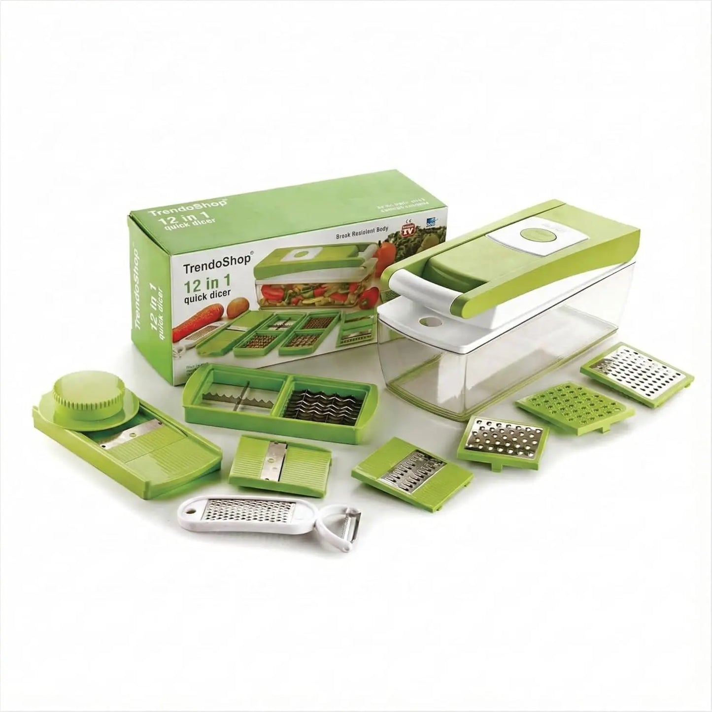 TrendoShop Multipurpose Kitchen Chopper, Vegetable Fruit Cutter with Unbreakable Container, Push-to-Clean Feature, Food Grade Plastic Grater Slicer Dicer Set, Green