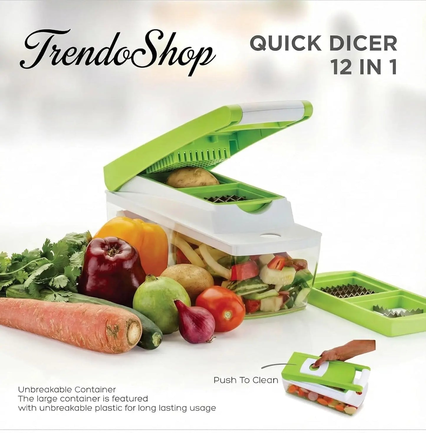 TrendoShop Multipurpose Kitchen Chopper, Vegetable Fruit Cutter with Unbreakable Container, Push-to-Clean Feature, Food Grade Plastic Grater Slicer Dicer Set, Green