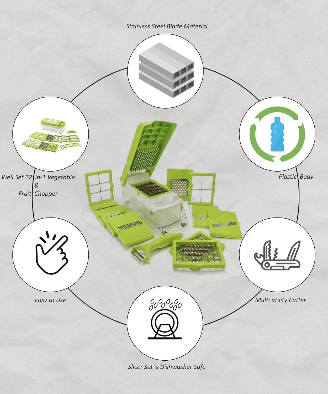 TrendoShop Multipurpose Kitchen Chopper, Vegetable Fruit Cutter with Unbreakable Container, Push-to-Clean Feature, Food Grade Plastic Grater Slicer Dicer Set, Green