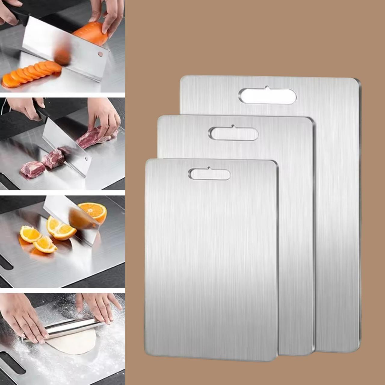 Three stainless steel cutting boards with a collage of food preparation images on a brown background.