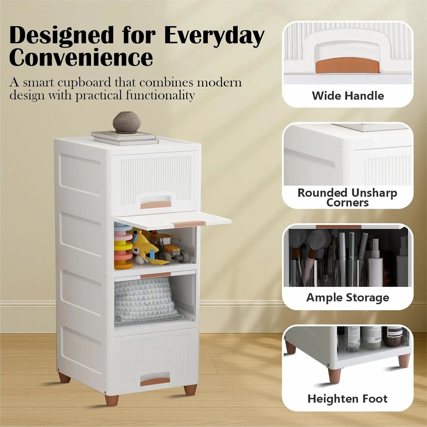 Multi-Purpose Modular Storage Box | Stackable Organizer Rack for Clothes, Kitchen, Bedroom & Living Room | Space-Saving Wardrobe Cabinet | 4-Piece Set (Ivory, 33L x 38W x 27H cm)