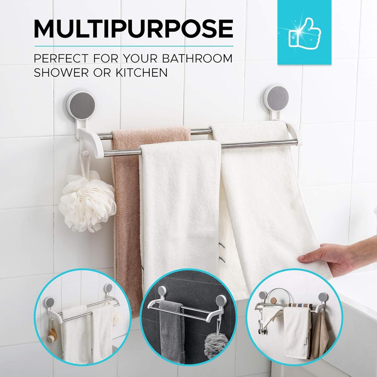 TrendoShop Double Rod Bathroom Towel Hanger | Strong Wall Mounted Towel Rack with Hooks | Space Saving Bathroom Organizer