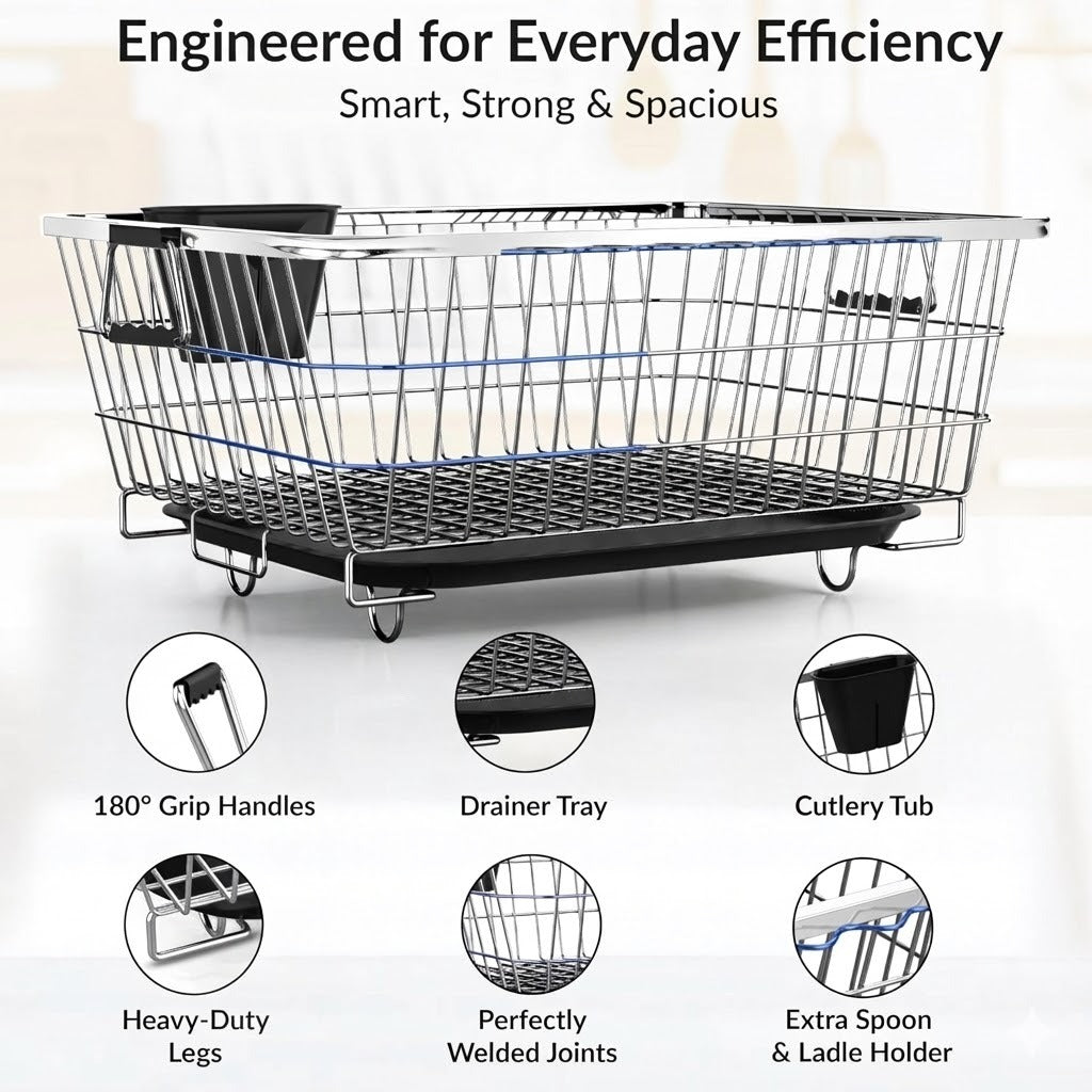 TrendoShop Premium Dish Drying Rack with Drainboard | Large Stainless Steel Kitchen Dish Drainer with Wire Basket & Removable Utensil Holder (56×45×26 cm)
