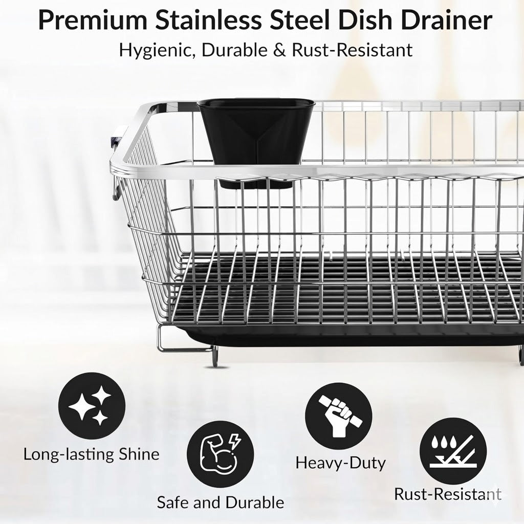 TrendoShop Premium Dish Drying Rack with Drainboard | Large Stainless Steel Kitchen Dish Drainer with Wire Basket & Removable Utensil Holder (56×45×26 cm)