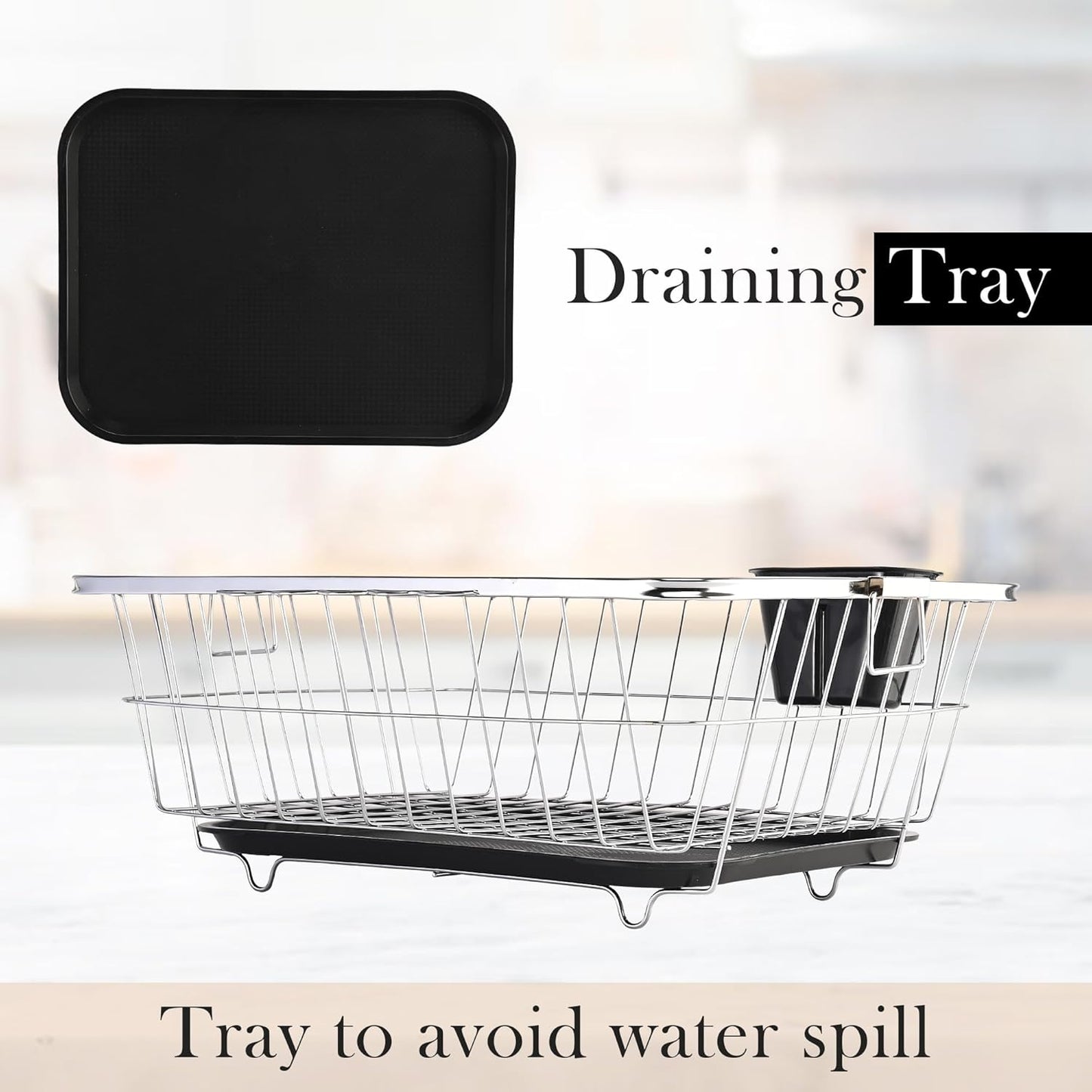 TrendoShop Premium Dish Drying Rack with Drainboard | Large Stainless Steel Kitchen Dish Drainer with Wire Basket & Removable Utensil Holder (56×45×26 cm)