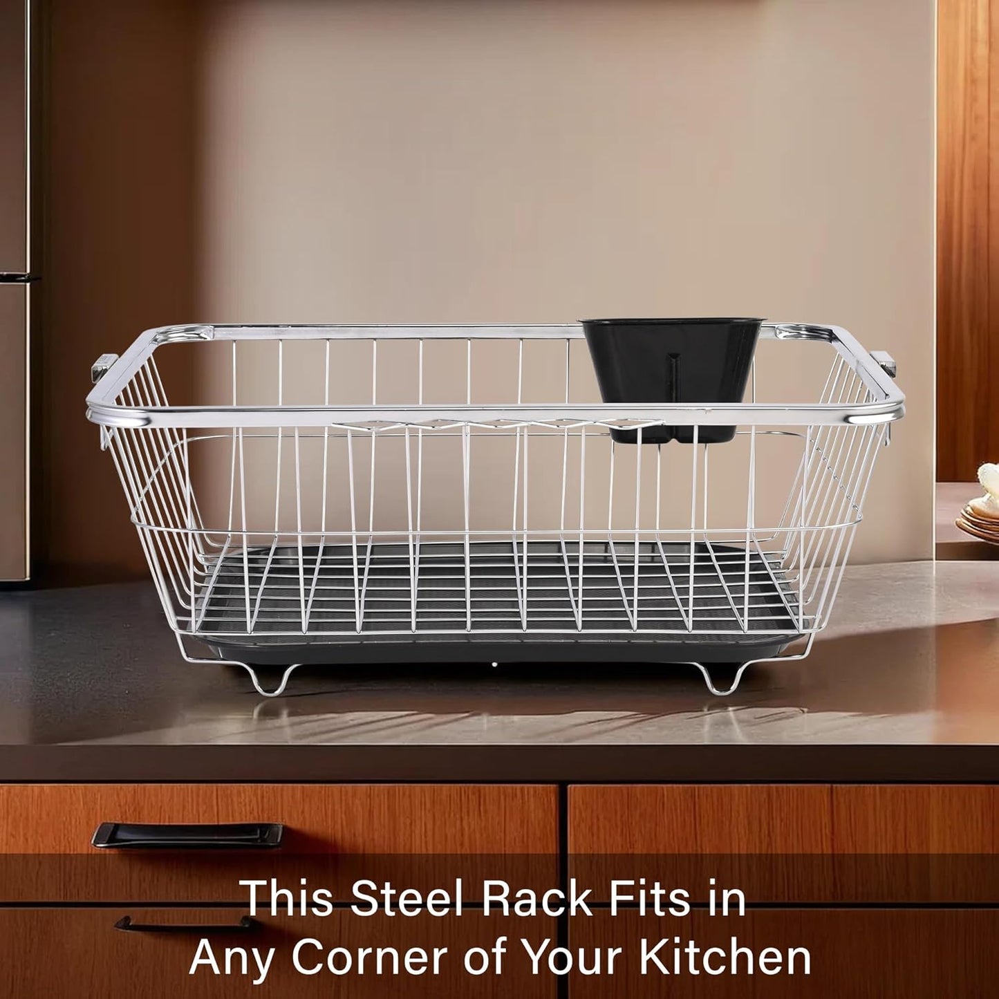 TrendoShop Premium Dish Drying Rack with Drainboard | Large Stainless Steel Kitchen Dish Drainer with Wire Basket & Removable Utensil Holder (56×45×26 cm)