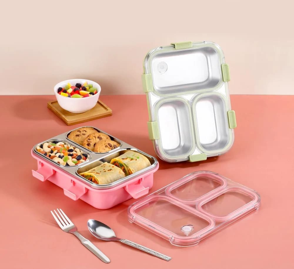3 Compartment Stainless Steel Lunch Box | Leak Proof Airtight BPA Free Tiffin for Office, School Kids & Travel