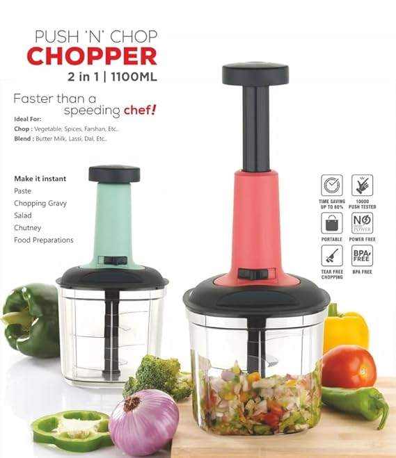 Manual Vegetable & Fruit Chopper Multicolor | Quick & Push Hand Chopper | 450ml/500ml/650ml/700ml/1000ml/1100ml Sizes | Kitchen Cutter for Salad, Ginger, Onion & Veggies
