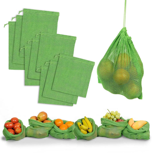 100% Cotton Reusable Drawstring Mesh Storage Bags for Fruits & Vegetables | Eco-Friendly Fridge Organizer Net Bags | Green Color