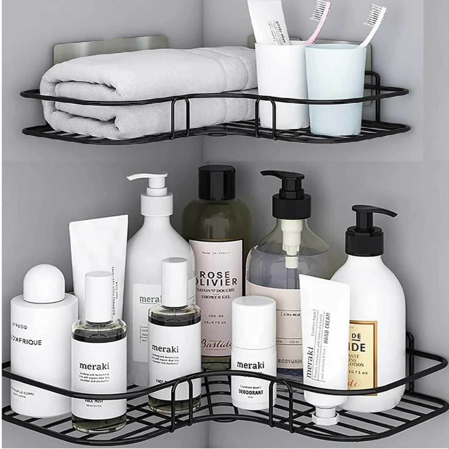 TrendoShop Corner Bathroom Shelf Iron Wall Mounted Storage Rack Matte Black Anti Rust No Drill Bathroom Kitchen Organizer Heavy Duty