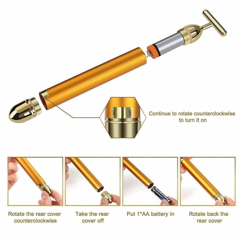 Gold colored FACIAL MASSAGER device with instructions on how to operate it.