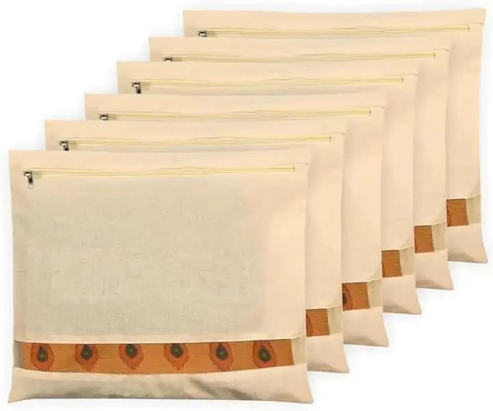 Cotton Saree Cover Bags for Storage – Set of 6 and 12 Large (16.5 x 14.5 Inches) | Zip Closure Clothes Storage Bags with Transparent Mesh Window | Wardrobe Organizer, Beige
