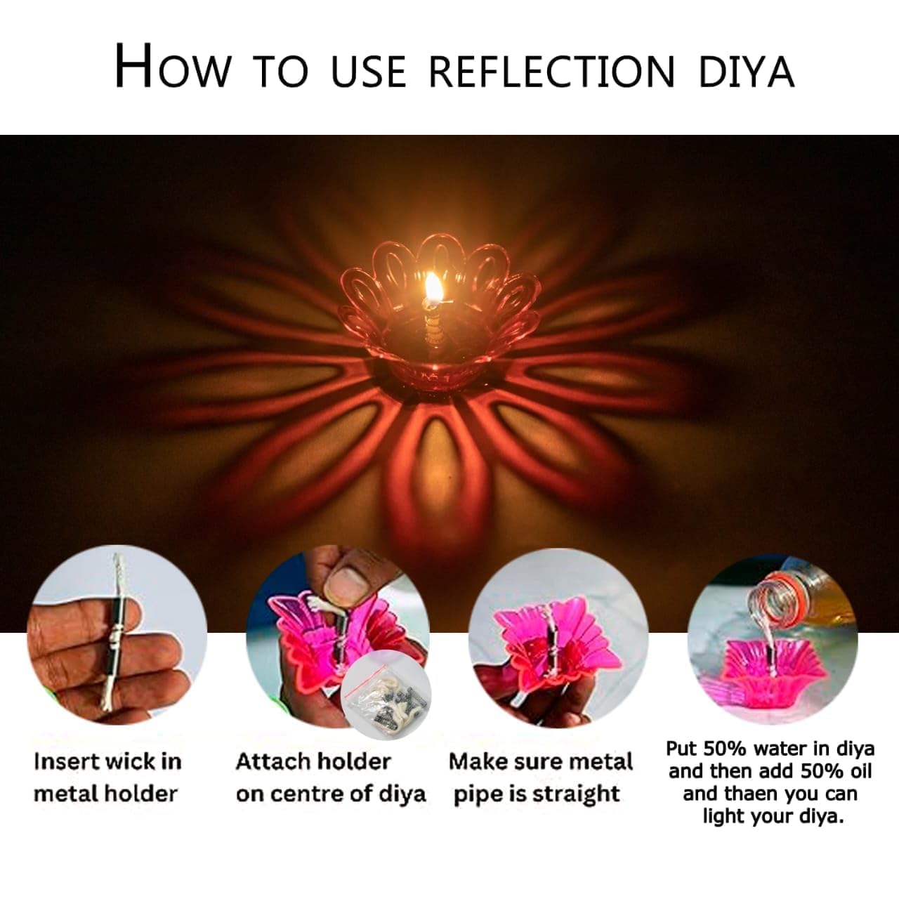 Unbreakable 12pcs Colorful 3D Reflection Diyas for Diwali Decor. Flower Shape Shadow Reflective Diyas for Diwali Decoration