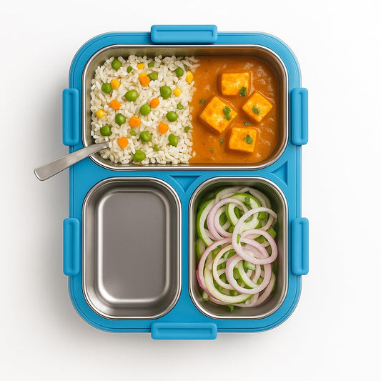 Steel Tiffin Box Stainless Steel Lunch Box, 3 Compartment Leak Proof Food Container, Reusable Metal Meal Box for Office, Travel, Work & Outdoor Use 