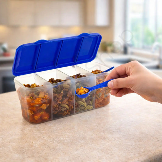 TrendoShop Multipurpose Airtight Plastic Masala Box for Kitchen | Transparent Pickle & Dry Fruits Storage Container with Spoons | BPA-Free Modular Food Storage Dabba