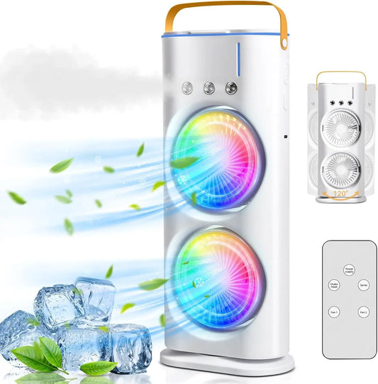 Double Head Portable Mini Air Cooler Fan with Water Mist Spray, USB Personal Room Cooling Fan with LED Light & 3 Speed