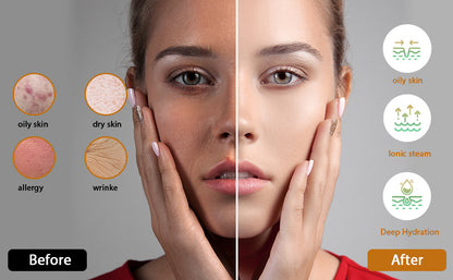 Before and after comparison of skin treatment on a woman's face with icons for different skin types and treatments.