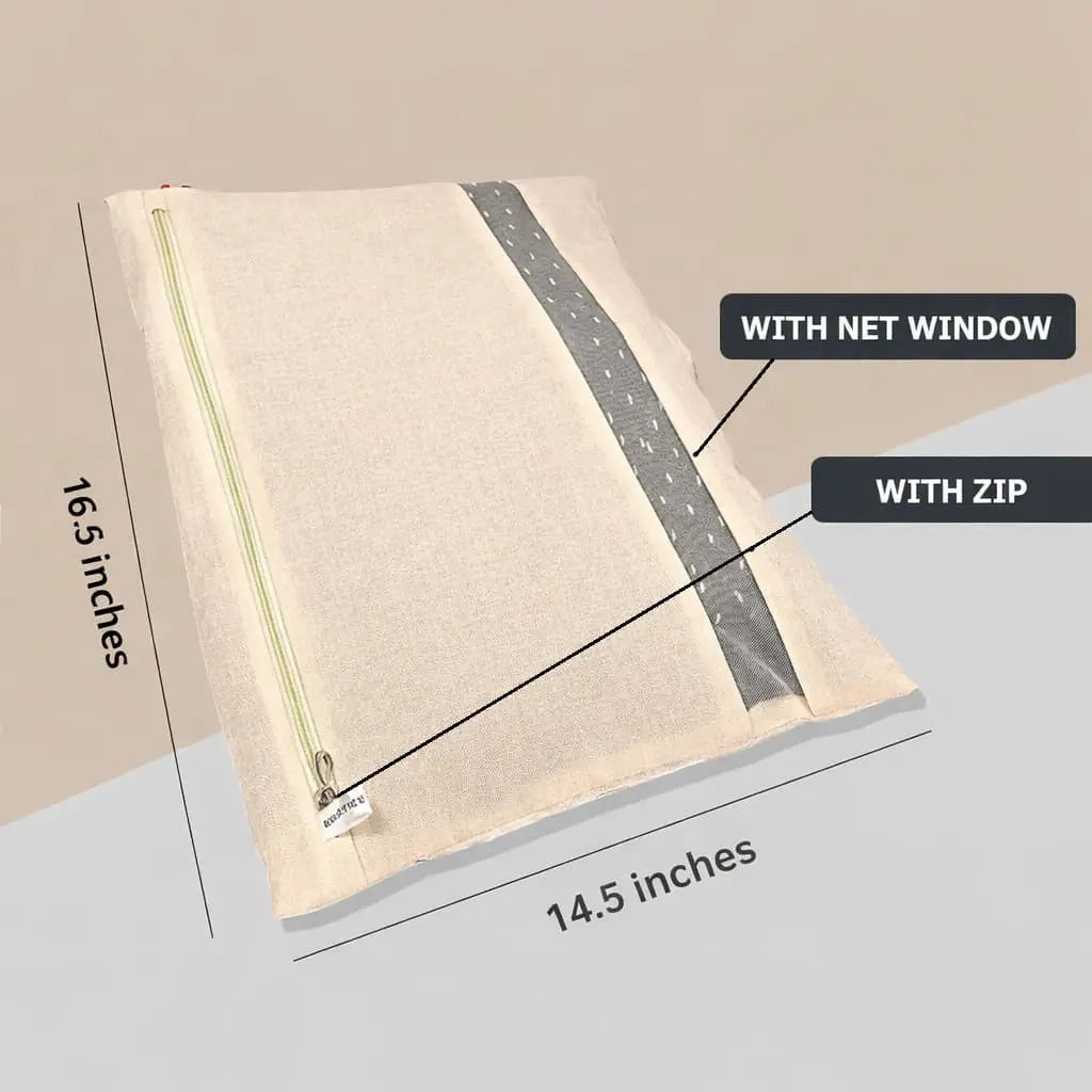 Cotton Saree Cover Bags for Storage – Set of 6 and 12 Large (16.5 x 14.5 Inches) | Zip Closure Clothes Storage Bags with Transparent Mesh Window | Wardrobe Organizer, Beige