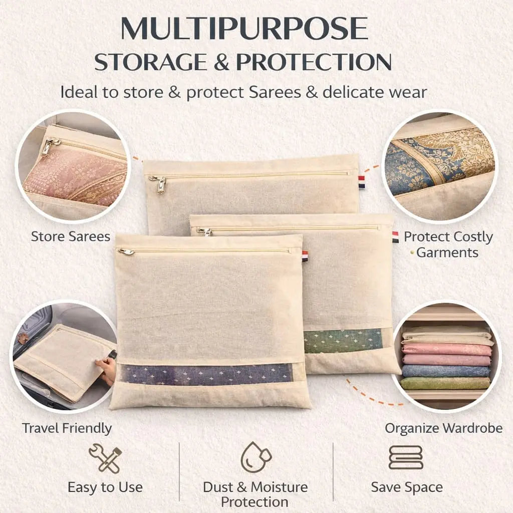 Cotton Saree Cover Bags for Storage – Set of 6 and 12 Large (16.5 x 14.5 Inches) | Zip Closure Clothes Storage Bags with Transparent Mesh Window | Wardrobe Organizer, Beige