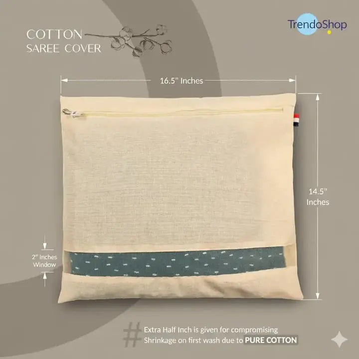 Cotton Saree Cover Bags for Storage – Set of 6 and 12 Large (16.5 x 14.5 Inches) | Zip Closure Clothes Storage Bags with Transparent Mesh Window | Wardrobe Organizer, Beige