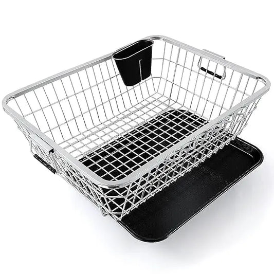 Premium Dish Drying Rack with Drainboard | Large Stainless Steel Kitchen Dish Drainer with Wire Basket & Removable Utensil Holder (56×45×26 cm)