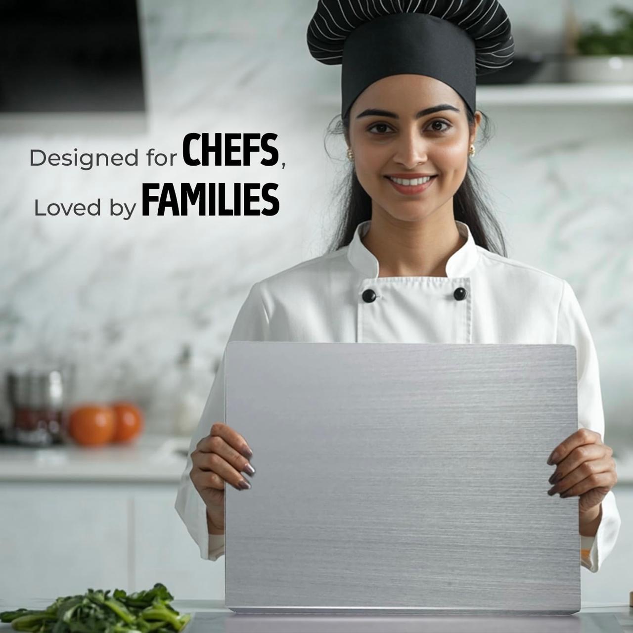 Woman in chef's uniform holding a stainless steel chopping board with text 'Designed for Chefs, Loved by Families' in a kitchen setting.