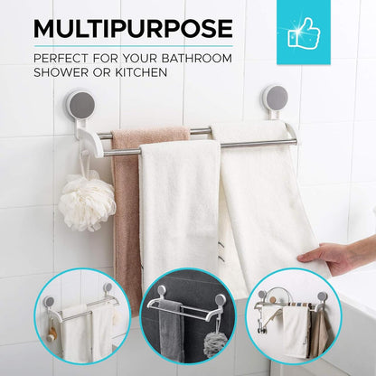 TrendoShop Double Rod Bathroom Towel Hanger | Strong Wall Mounted Towel Rack with Hooks | Space Saving Bathroom Organizer