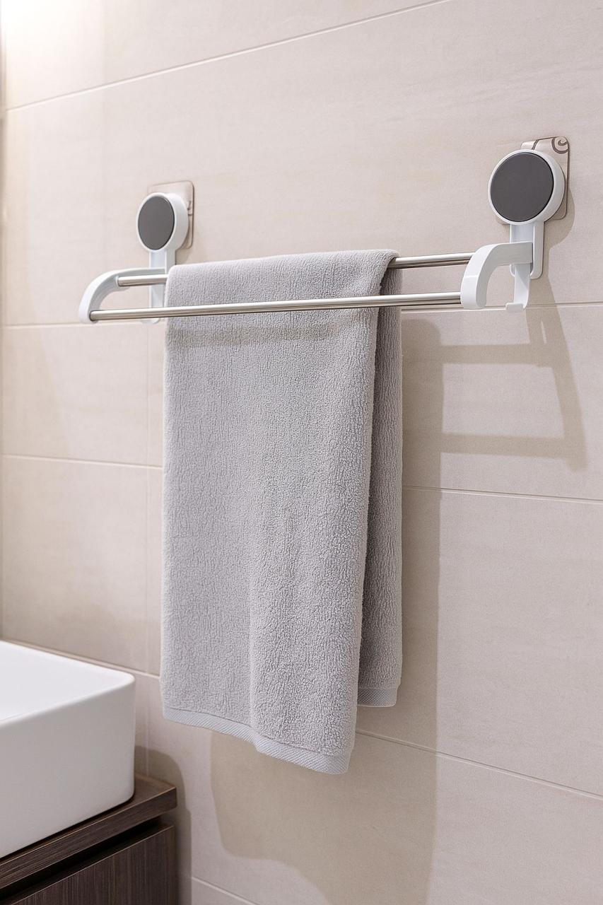 TrendoShop Double Rod Bathroom Towel Hanger | Strong Wall Mounted Towel Rack with Hooks | Space Saving Bathroom Organizer
