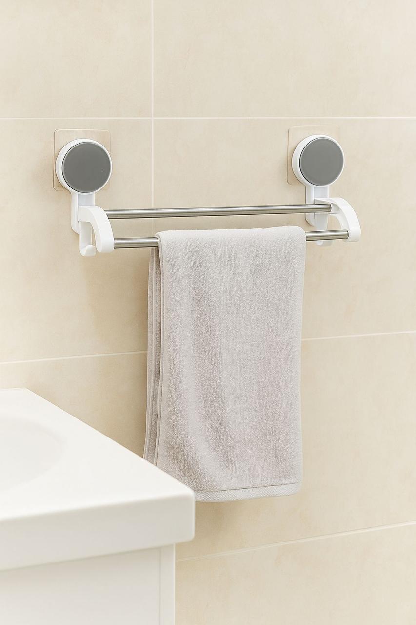 TrendoShop Double Rod Bathroom Towel Hanger | Strong Wall Mounted Towel Rack with Hooks | Space Saving Bathroom Organizer