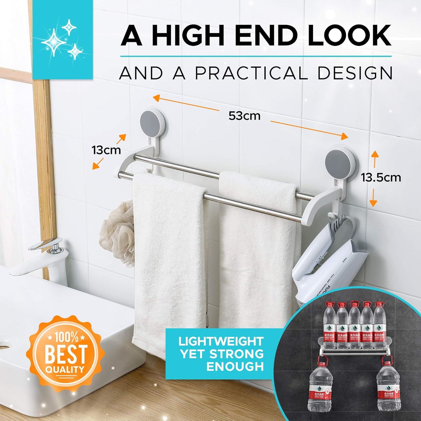 TrendoShop Double Rod Bathroom Towel Hanger | Strong Wall Mounted Towel Rack with Hooks | Space Saving Bathroom Organizer