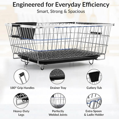 TrendoShop Premium Dish Drying Rack with Drainboard | Large Stainless Steel Kitchen Dish Drainer with Wire Basket & Removable Utensil Holder (56×45×26 cm)