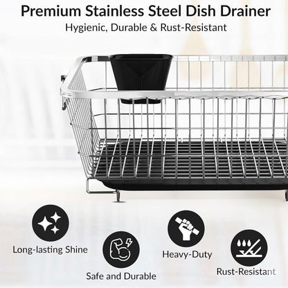 TrendoShop Premium Dish Drying Rack with Drainboard | Large Stainless Steel Kitchen Dish Drainer with Wire Basket & Removable Utensil Holder (56×45×26 cm)
