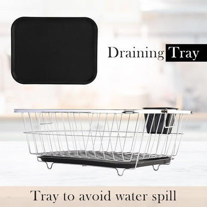 TrendoShop Premium Dish Drying Rack with Drainboard | Large Stainless Steel Kitchen Dish Drainer with Wire Basket & Removable Utensil Holder (56×45×26 cm)