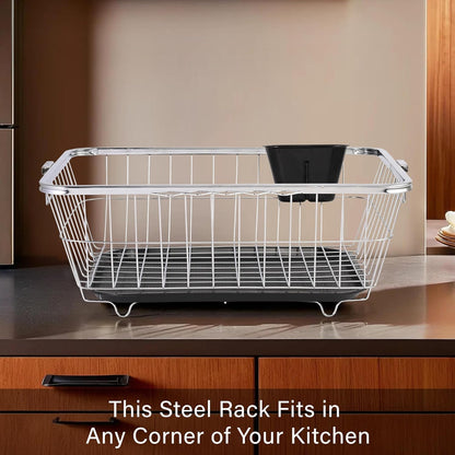 TrendoShop Premium Dish Drying Rack with Drainboard | Large Stainless Steel Kitchen Dish Drainer with Wire Basket & Removable Utensil Holder (56×45×26 cm)