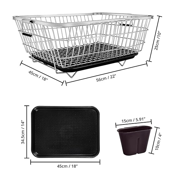 TrendoShop Premium Dish Drying Rack with Drainboard | Large Stainless Steel Kitchen Dish Drainer with Wire Basket & Removable Utensil Holder (56×45×26 cm)