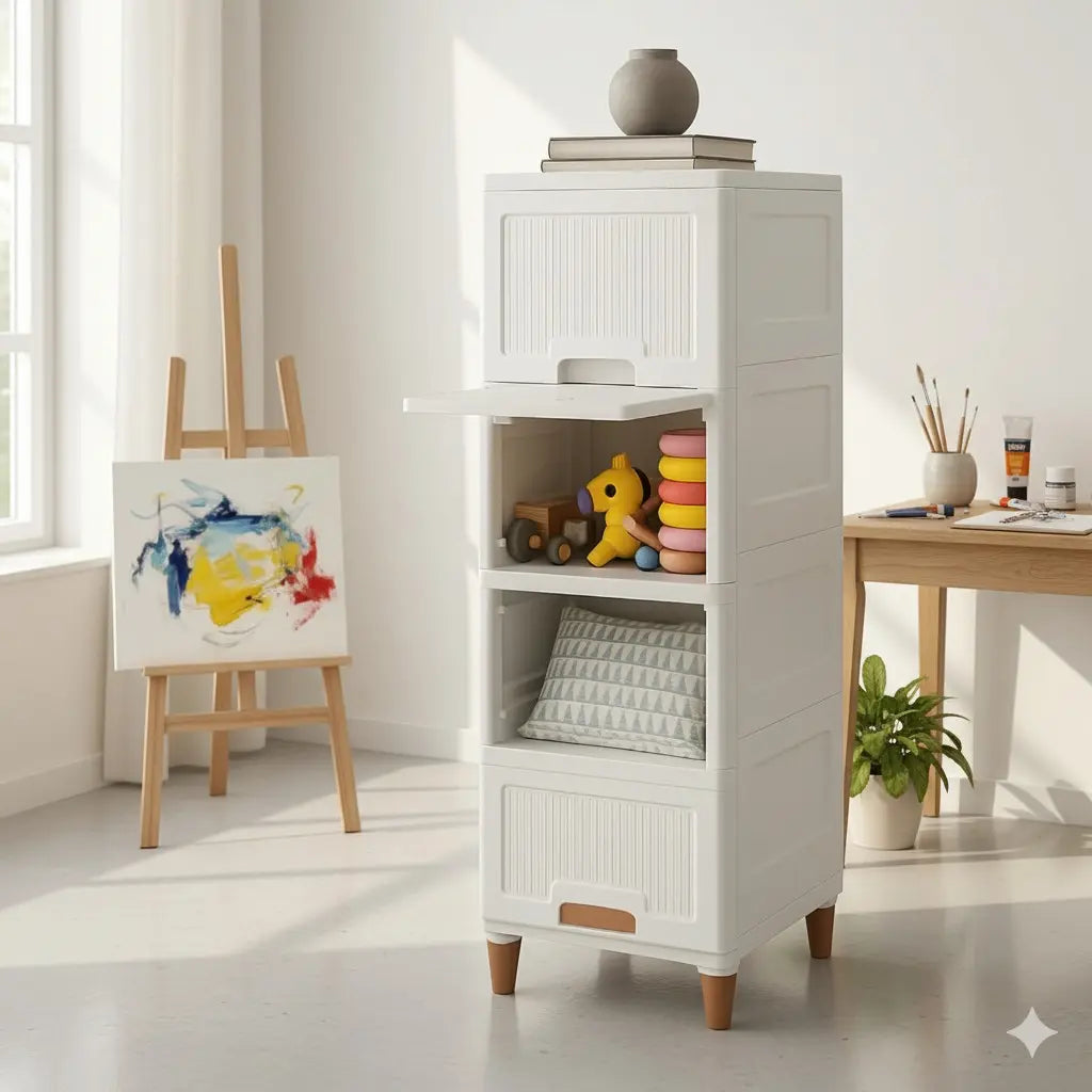 Multi-Purpose Modular Storage Box | Stackable Organizer Rack for Clothes, Kitchen, Bedroom & Living Room | Space-Saving Wardrobe Cabinet | 4-Piece Set (Ivory, 33L x 38W x 27H cm)