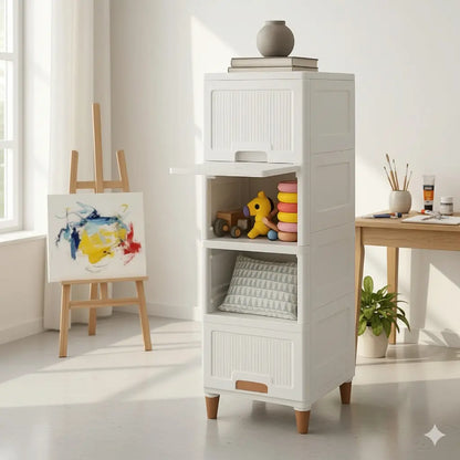 Multi-Purpose Modular Storage Box | Stackable Organizer Rack for Clothes, Kitchen, Bedroom & Living Room | Space-Saving Wardrobe Cabinet | 4-Piece Set (Ivory, 33L x 38W x 27H cm)