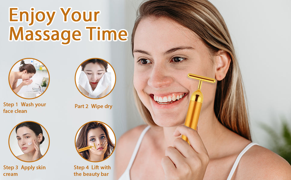 Woman using a beauty tool with step-by-step guide on a white background