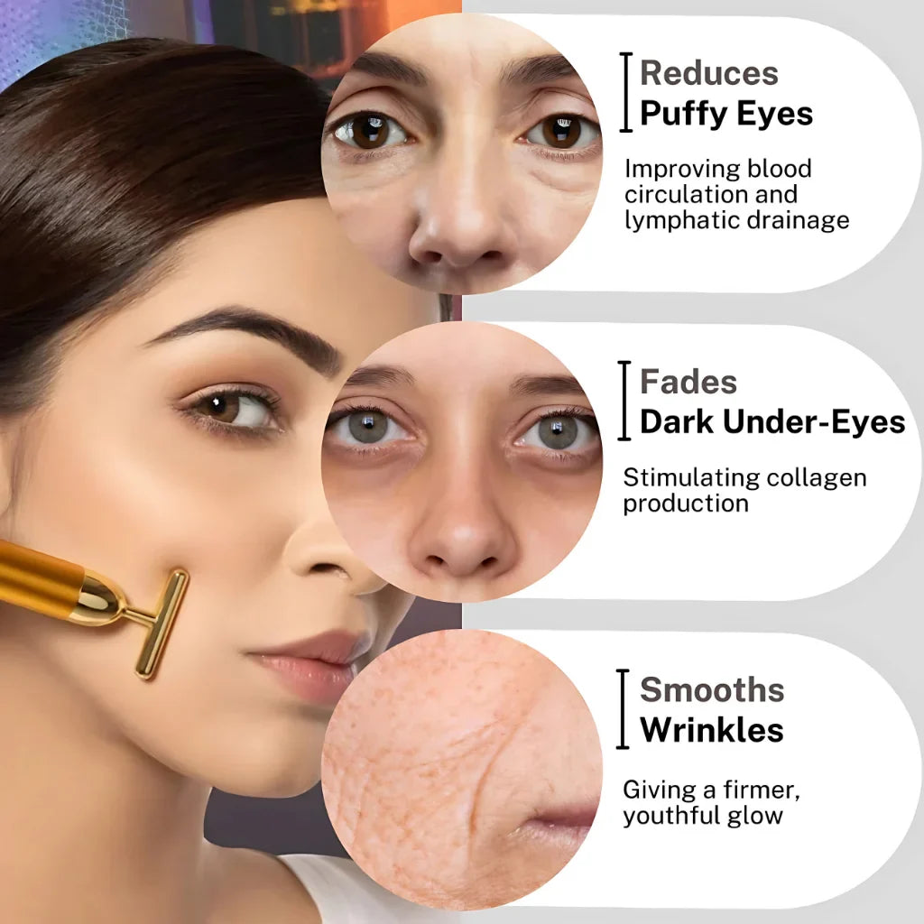 Cosmetic tool being used on a woman's face with text highlighting its effects on reducing puffy eyes, fading dark under-eyes, and smoothing wrinkles.