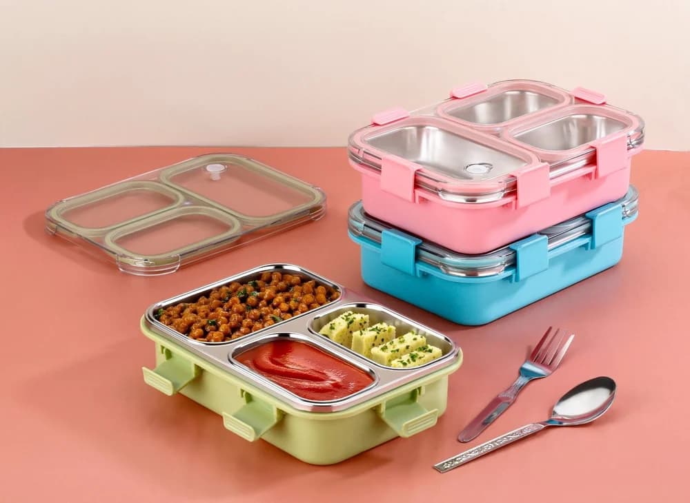 3 Compartment Stainless Steel Lunch Box | Leak Proof Airtight BPA Free Tiffin for Office, School Kids & Travel