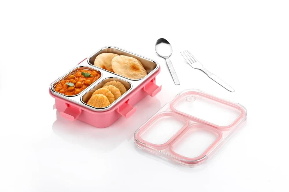 3 Compartment Stainless Steel Lunch Box | Leak Proof Airtight BPA Free Tiffin for Office, School Kids & Travel