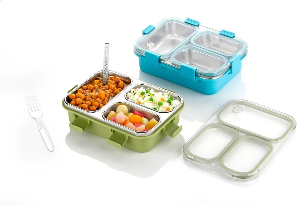 3 Compartment Stainless Steel Lunch Box | Leak Proof Airtight BPA Free Tiffin for Office, School Kids & Travel