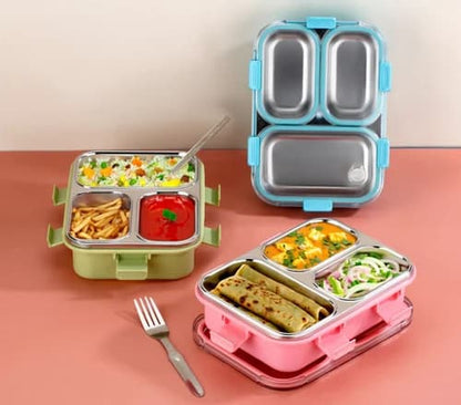 3 Compartment Stainless Steel Lunch Box | Leak Proof Airtight BPA Free Tiffin for Office, School Kids & Travel